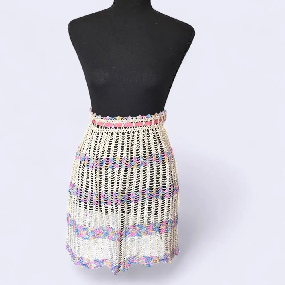Pastel rainbow crochet apron pink ribbon‎ kitchen utility whimsical fairy